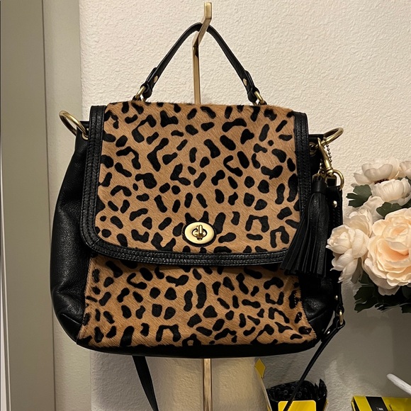 Coach Leopard Pony-hair top handle shoulder strap with and gold hardware. - Picture 9 of 10